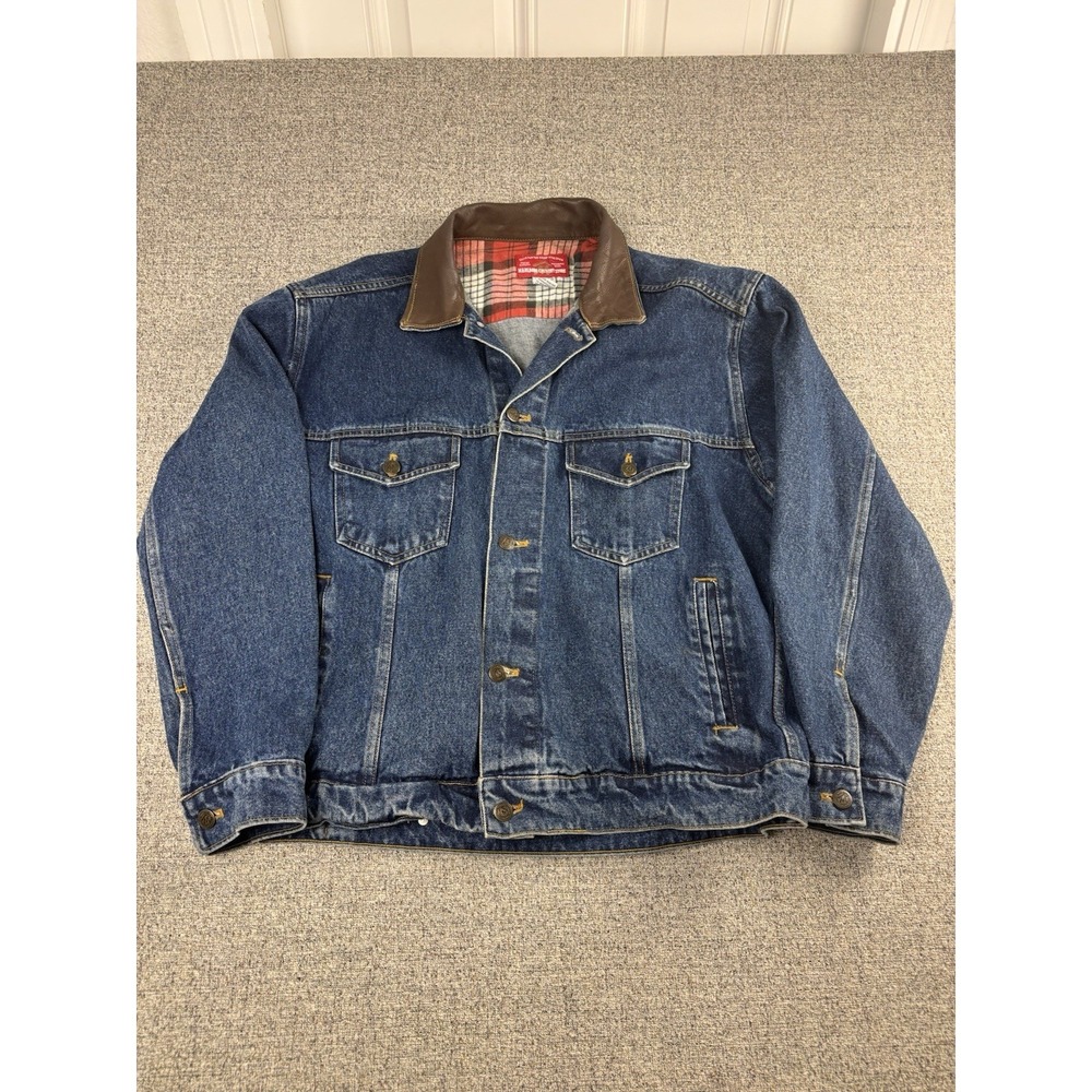 MARLBORO Mens M Vintage Denim Jacket Trucker Button Up Dark Wash Leather Collar